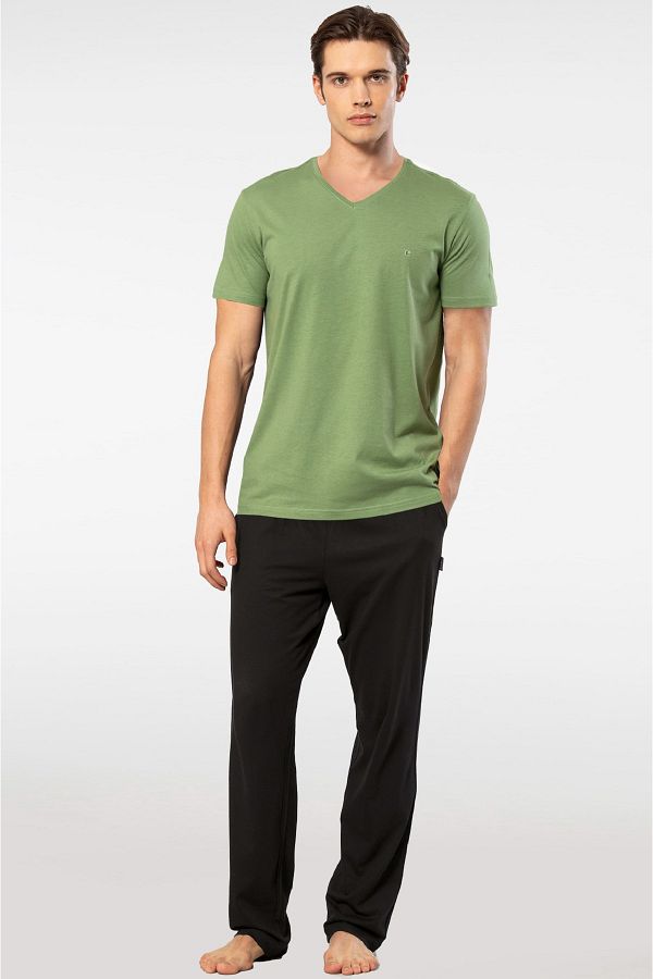 Cacharel-Cotton & Modal Fabric, V-Neck, Short Sleeve, Men's Pajamas Green 1