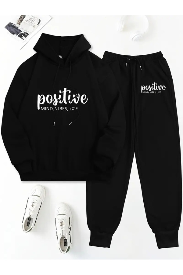 Pink Sky-Positive Printed Hooded Sweatshirt Tracksuit Bottom Top Set 1