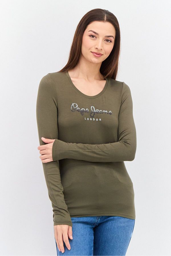 Pepe Jeans-Women Round Neck Long Sleeve Brand Logo Top, Green 1