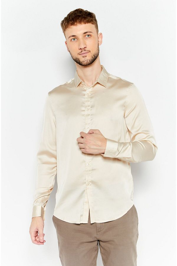 Asos Design-Men Regular Fit Long Sleeve Plain Casual Shirt, Beige 1