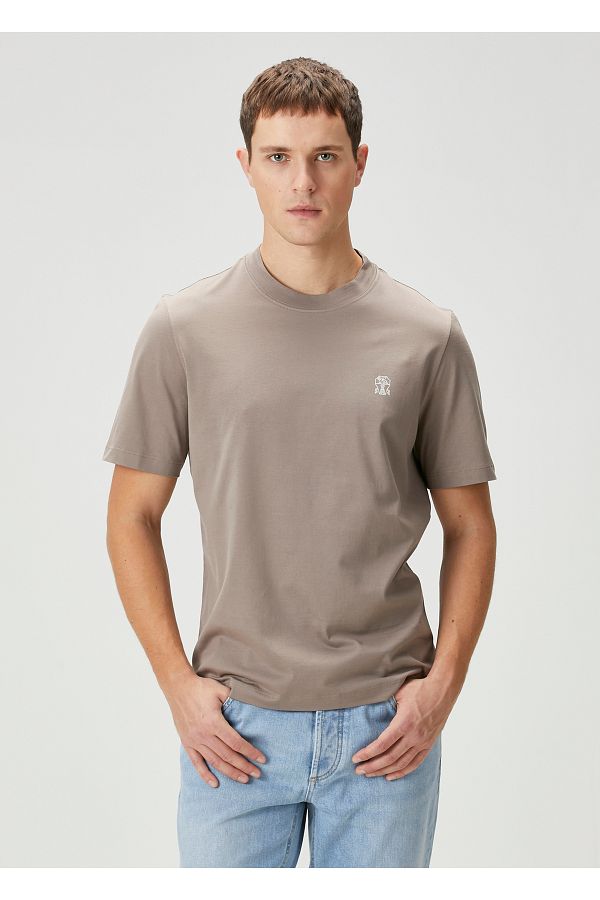 Brunello Cucinelli-Brown Logo Embroidered T-Shirt Size: XL 1