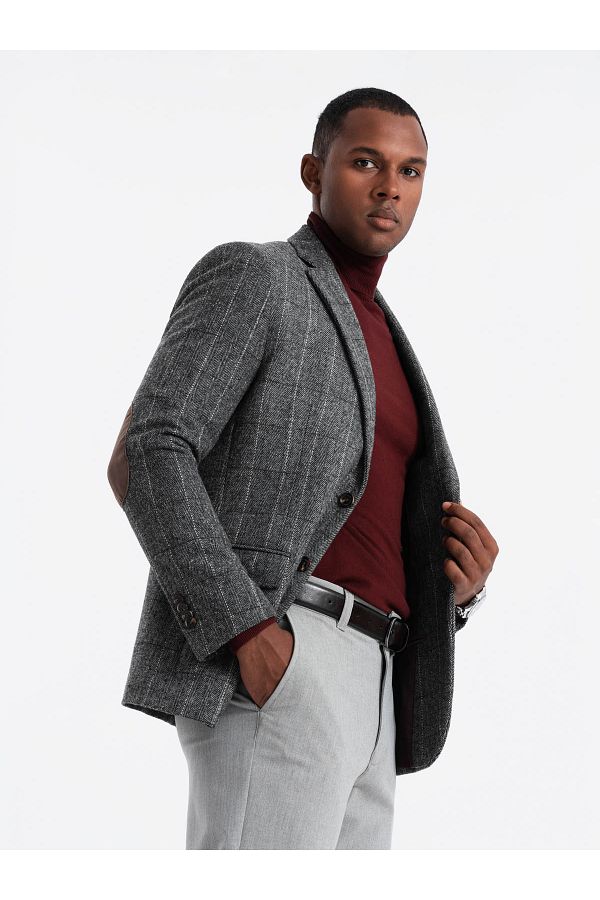 OMBRE-Eleganter Herren Karo Blazer mit Wollmischung - grau V1 OM-BLZB-0137 XL 1