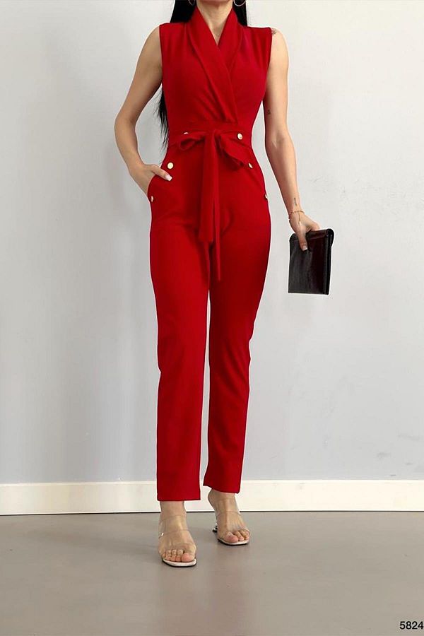 Deafox-Red Gold Buttoned Crepe Fabric Self Belted Jumpsuit 1