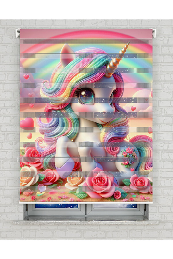 AD Home Unicorn ve Çiçekler Baskılı Zebra Perde - Gece Gündüz - Bebek Odası Perdesi, Kız Çocuk Odası Perde