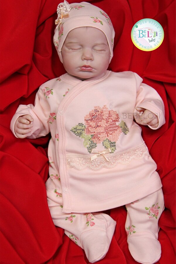 Bebeloji Baby Rose Nakış Detaylı Kız Bebek Hastane Çıkışı 3'lü Set yenidoğan takımı