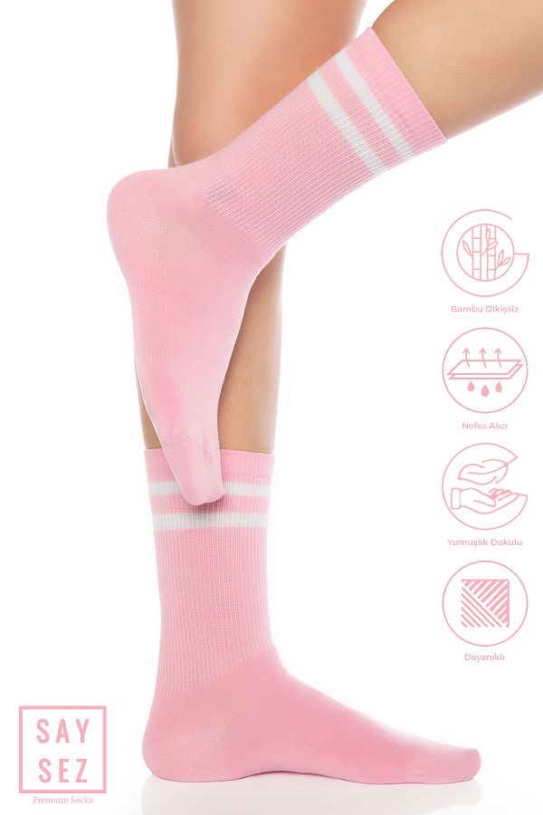 SAYSEZ-Șosete unisex Bamboo Tennis College cu dungi de culoare roz premium, fără sudură 1