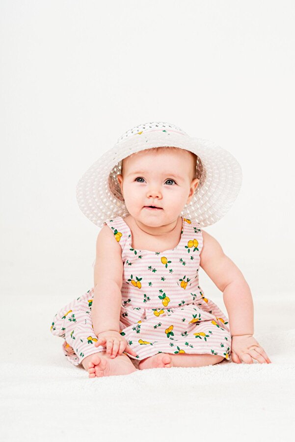 Chicsy Baby Tatlı Limon Desenli Şapkalı Fiyonklu Kız Bebek Elbisesi