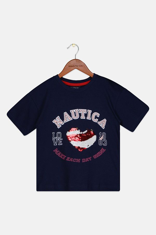 Nautica-Kids Girl Round Neck Short Sleeve Top, Navy Combo 1