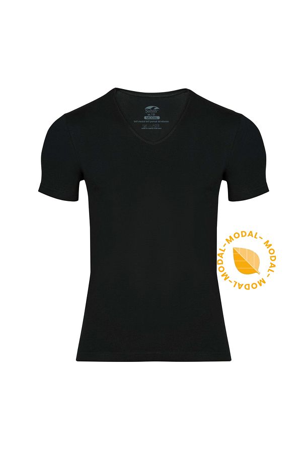 Şahin-Şahin Men's Short Sleeve V-Neck Black Modal Bodysuit - Pack of 2 1