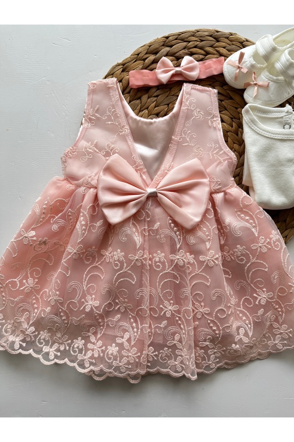 PİLEKİ BABY ( 4 Parça ) 0 4 Ay Yenidoğan Bebek Mevlüt Elbisesi Prenses Elbise Dantelli Kız Bebek Elbisesi
