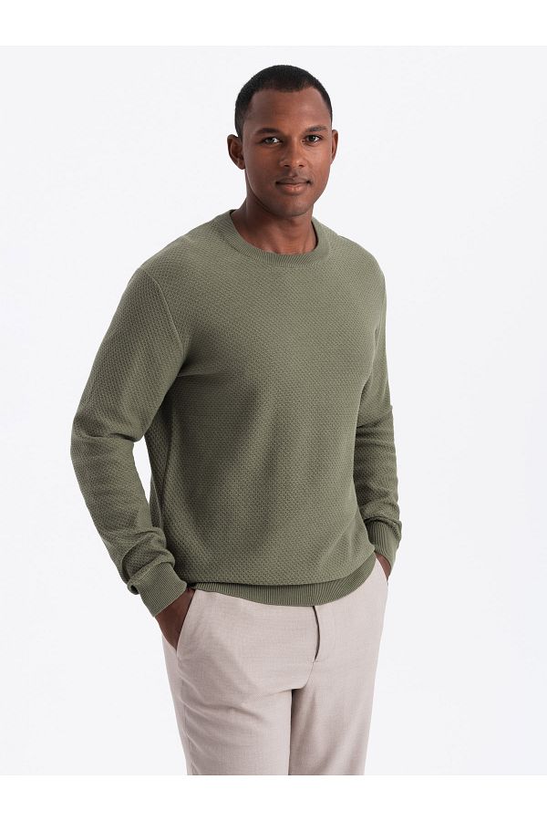 OMBRE-Herren Strickpullover RELAXED FIT in Rautenwebung - oliv V4 OM-SWSW-0110 M 1