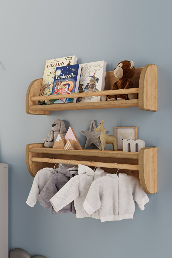 zeo wood design Montessori Ikili Çok Amaçlı Mdflam Dekoratif Duvar Rafı - Safir Meşe
