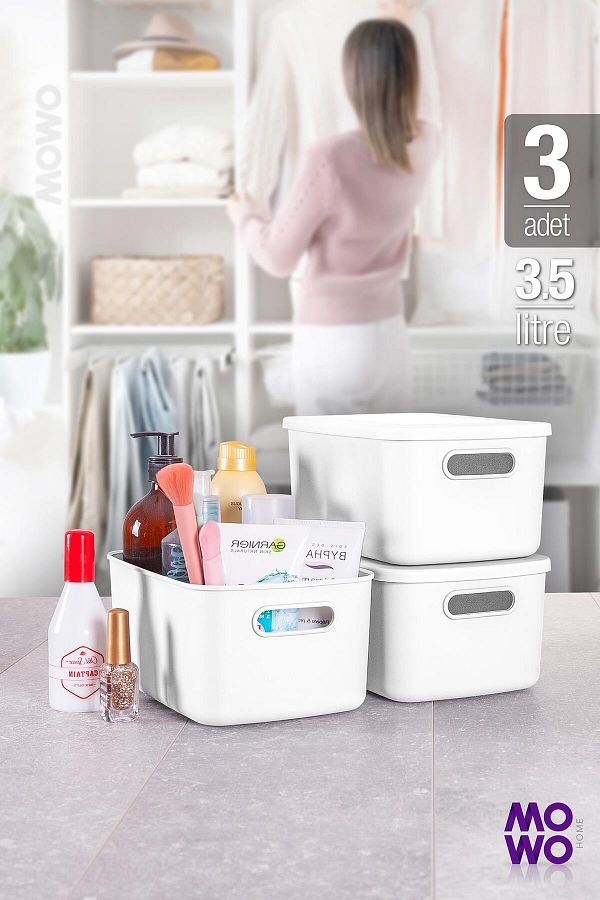 Mowo Home-Retro Box Set of 3 White 3.5 Lt - Organizer Storage Box with Lid, Organizer 1