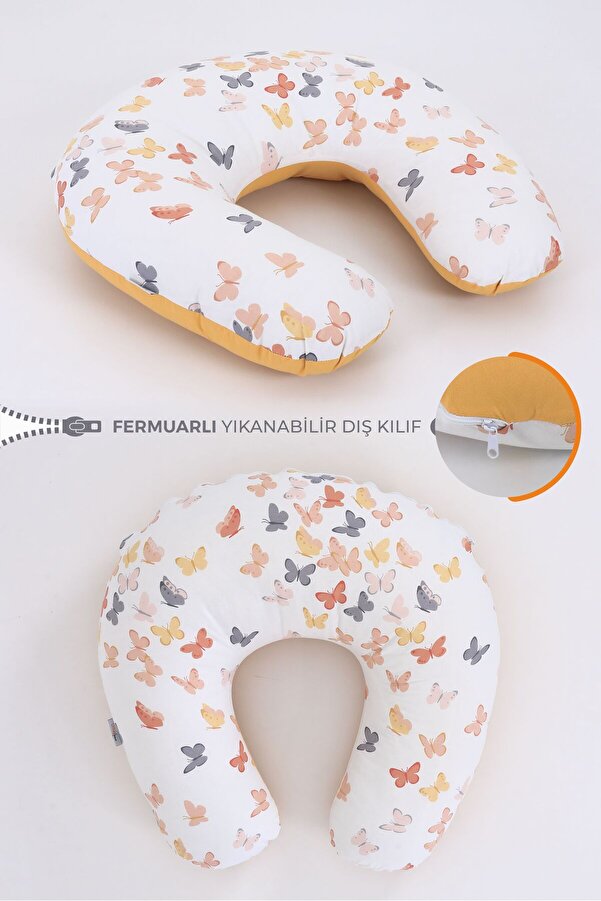 Umaybebek Pamuklu Emzirme Yastığı Minderi, Pamuk Kumaş - Hardal Kelebek Baskılı