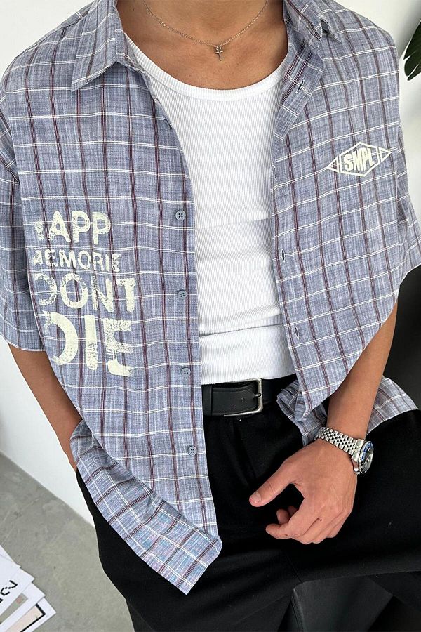 HAFKAGİYİM-Blue Old School Smpl Printed Short Sleeve Shirt 1