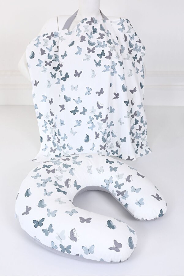 Umaybebek Emzirme Yastığı  Emzirme Önlüğü Set Pamuklu Kumaş Yeşil Kelebek