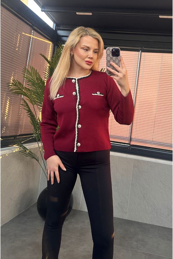 MİR STORE-Burgundy Cardigan with Twisted Stripe Special Processing Buttons 1