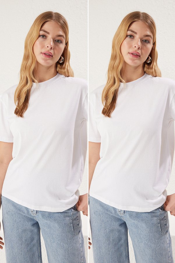 Trendyol Collection White-White 2-Pack Basic Mock Neck Cotton T-Shirt TWOSS20TS1500