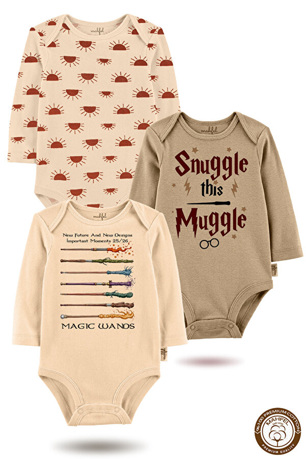 MAHFEL %100 Pamuklu 3'lü Organik Baskılı Çıtçıtlı Bebek Body Zıbın