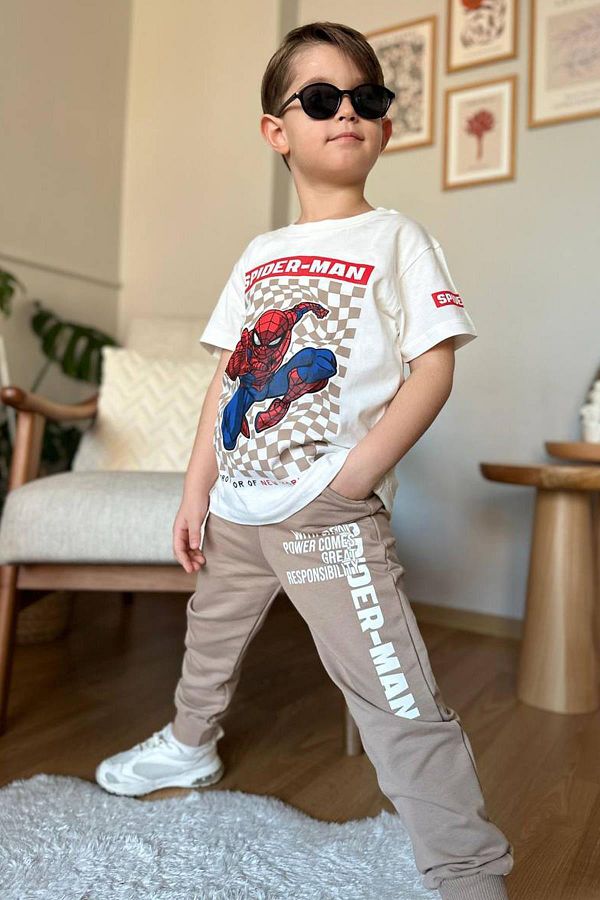 Riccotarz-Boy's Square Pattern and Spiderman Detail and Text Printed T-Shirt Beige Tracksuit Set 1