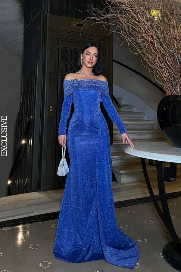 Saks Color Mossta Saks Color Glitter Madonna Neckline Long Evening Dress - Trendyol