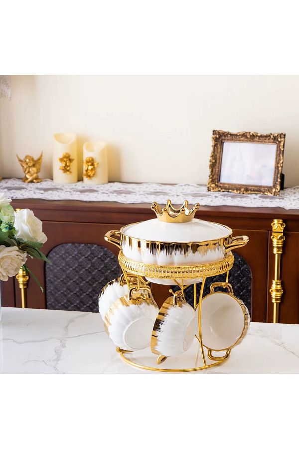 Vadi-Enzo Gold Gilded 9 Piece Porcelain Pot and Bowl Soup Set with Stand 1