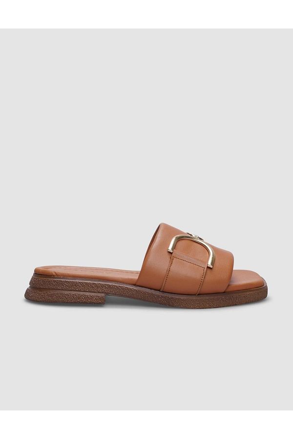 Cabani-100% Genuine Leather Tan Buckle Detailed Women's Slippers 1