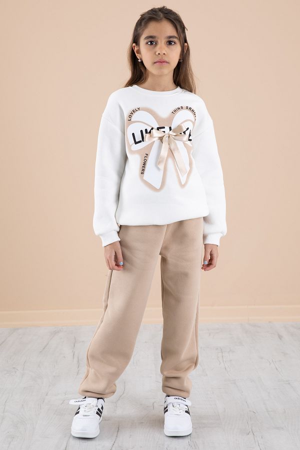 Cansın Mini-Ecru Bow Raised Girl's Tracksuit Set 20249 1