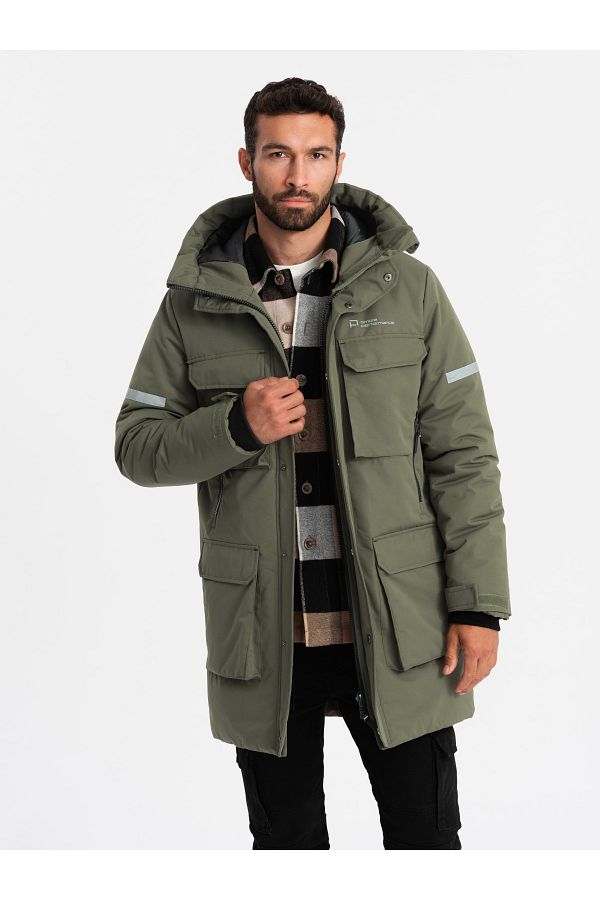 OMBRE-Isolierte lange Herrenjacke mit reflektierenden Elementen - oliv V3 OM-JALJ-0169 XXL 1