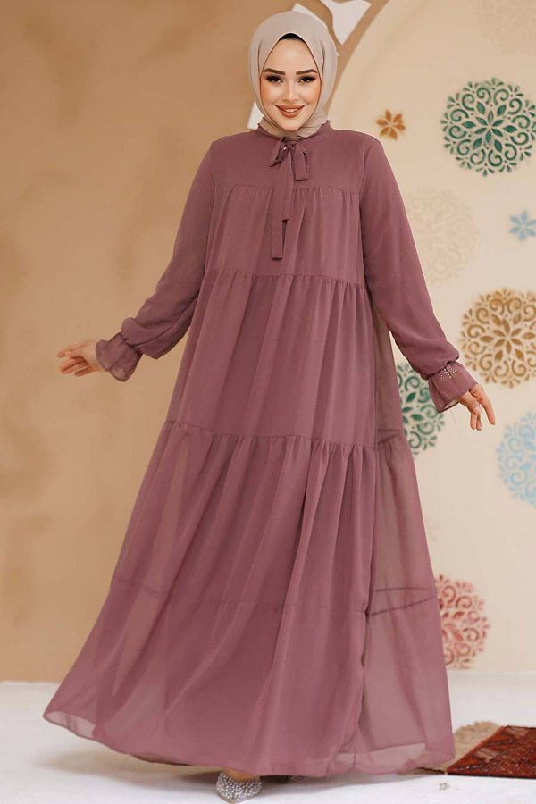 Neva Style-Rochie din șifon Hijab Dusty Rose - Pliuri de podea, 23601GK 1