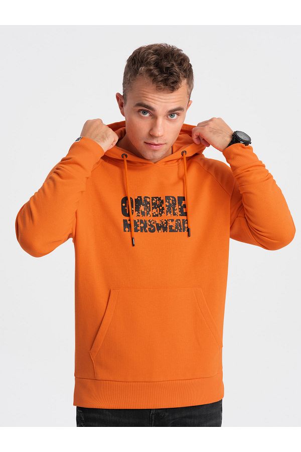 OMBRE-Pánska mikina klokan s kapucňou a potlačou - oranžová V1 OM-SSPS-0155 L 1