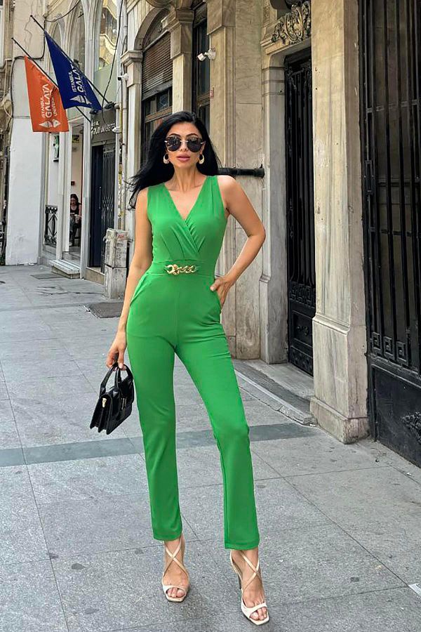 Deafox-Imported Crepe Jumpsuit with Green Chain Detail 1
