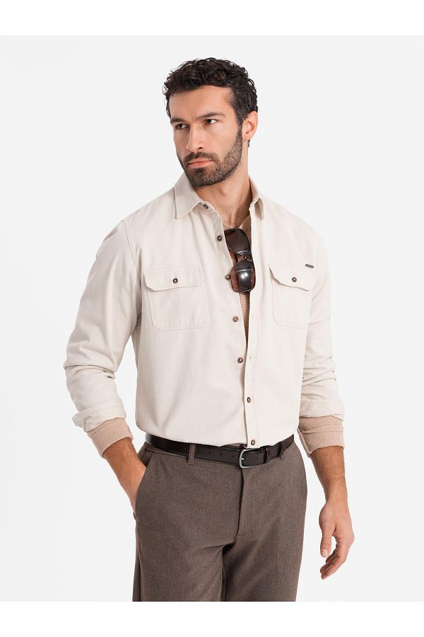 OMBRE-Ανδρικό βαμβακερό πουκάμισο REGULAR FIT με τσέπες με κουμπιά - κρεμ V1 OM-SHCS-0146 XL 1