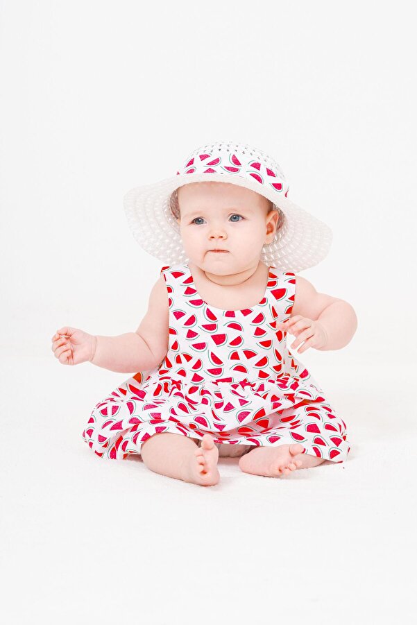 Chicsy Baby Tatlı Karpuz Desenli Şapkalı Fiyonklu Kız Bebek Elbisesi