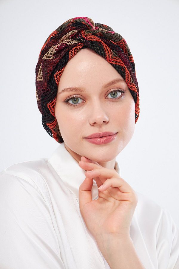 HÜRREM BONE-Loose Hijab Bonnet - Black Gathered and Knitted Patterned Mesh 2403_01 1