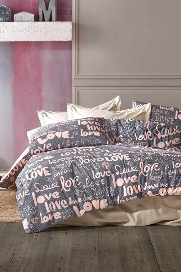 CANDAN ÇEYİZ Lastikli Çarşaflı Çift Kişilik Nevresim Takımı Love Kahve