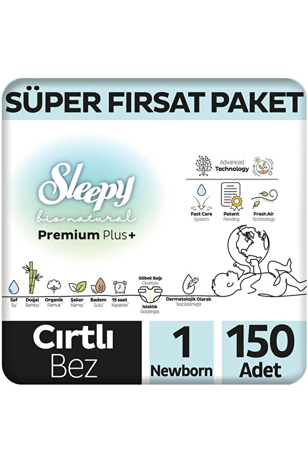 Sleepy Bio Natural Premium Plus Süper Fırsat Paketi Bebek Bezi 1 Numara Newborn 150 Adet