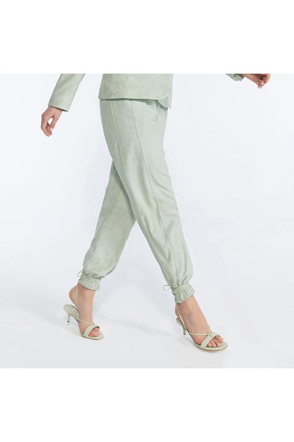 Desa-Tekla Green Women's High Waist Suede Jogging Leather Pants 1