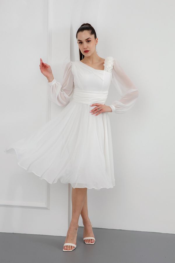 Lafaba-Women's White Floral Detailed Midi Evening Dress 1