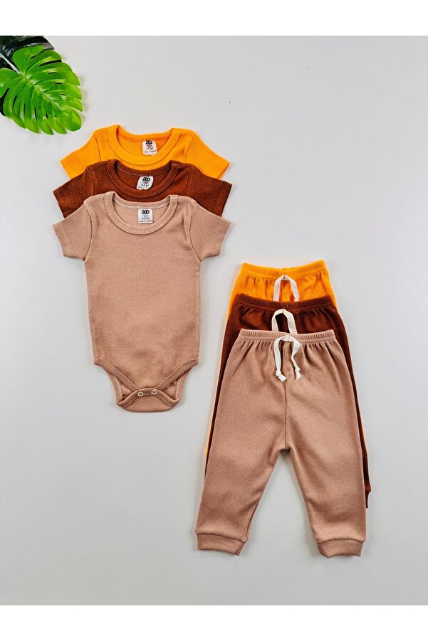EFU BABY 3'lü Unisex Esnek Kaşkorse Kısa Kol Bebek Body Pantolon Takım
