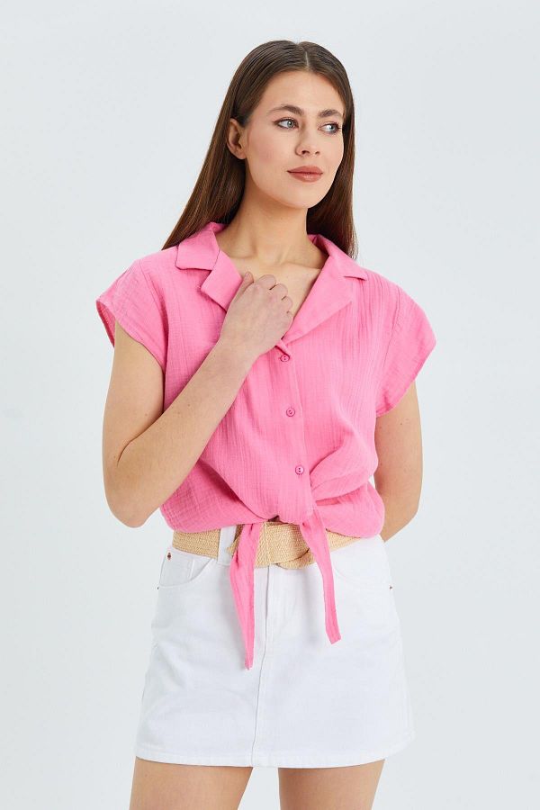 Mixray-Cămașă Crop de muselină roz model 4555 - Femei, cu cravată în față 1