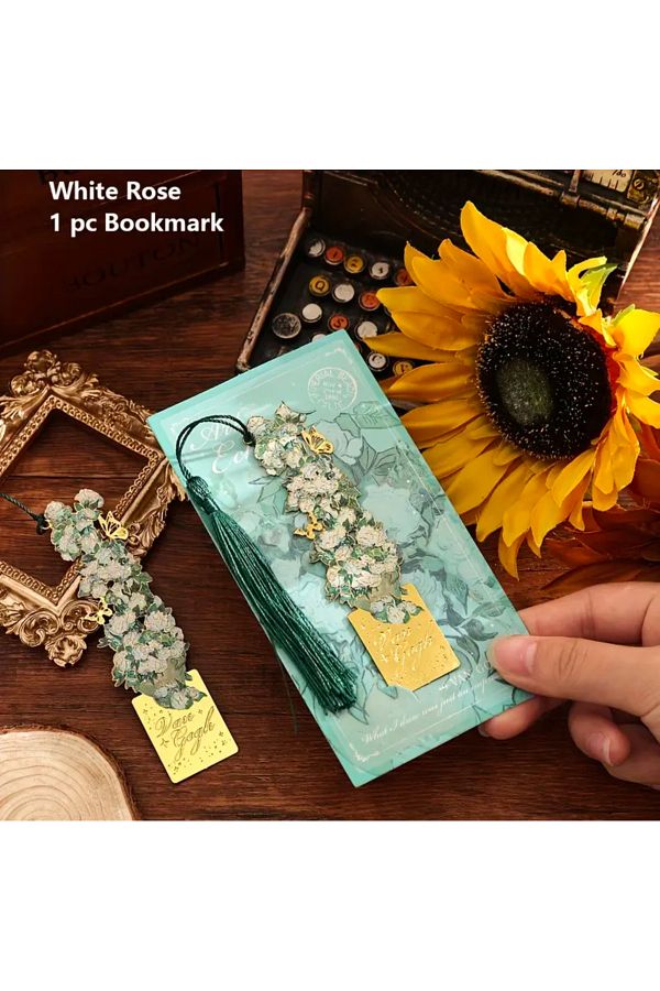 Blooms Akademi-Vintage Metal Bookmark – White Roses Themed, Long Tassel, Artistic and Fashionable Design 1