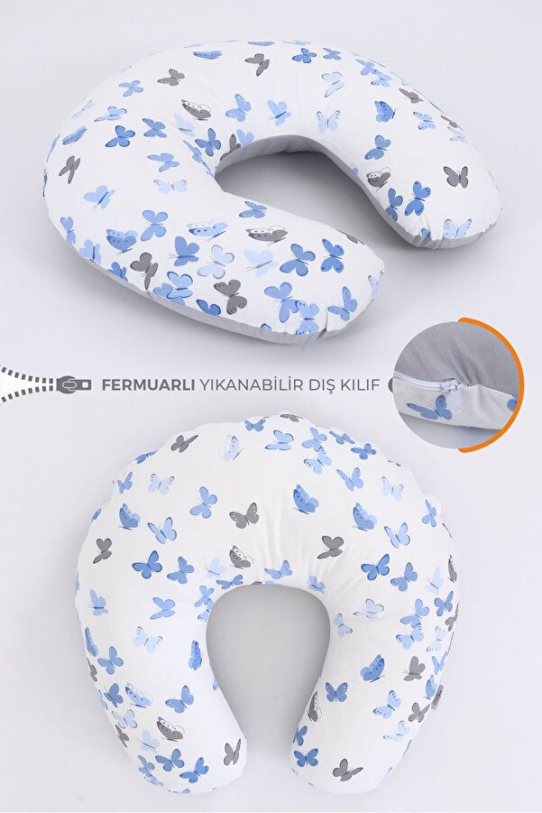 Umaybebek Emzirme Yastığı Minderi, Pamuk Kumaş - Mavi Kelebek