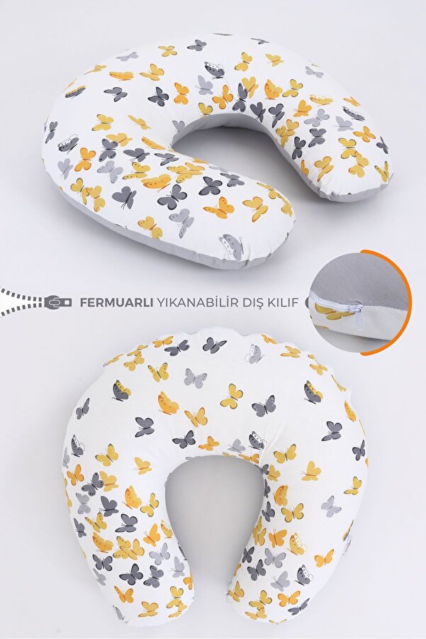 Umaybebek Emzirme Yastığı Minderi Pamuk Kumaş - Sarı Gri Kelebek