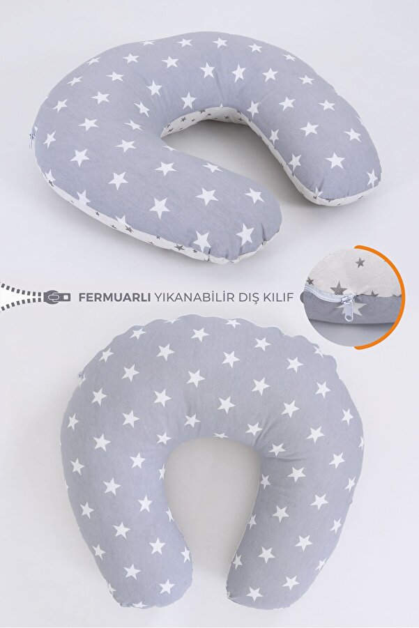 Fisun Baby Çift Taraflı Emzirme Yastığı Bebek Destek Minderi Hamile Yastığı %100 Pamuk - Bebek Gri Yıldız