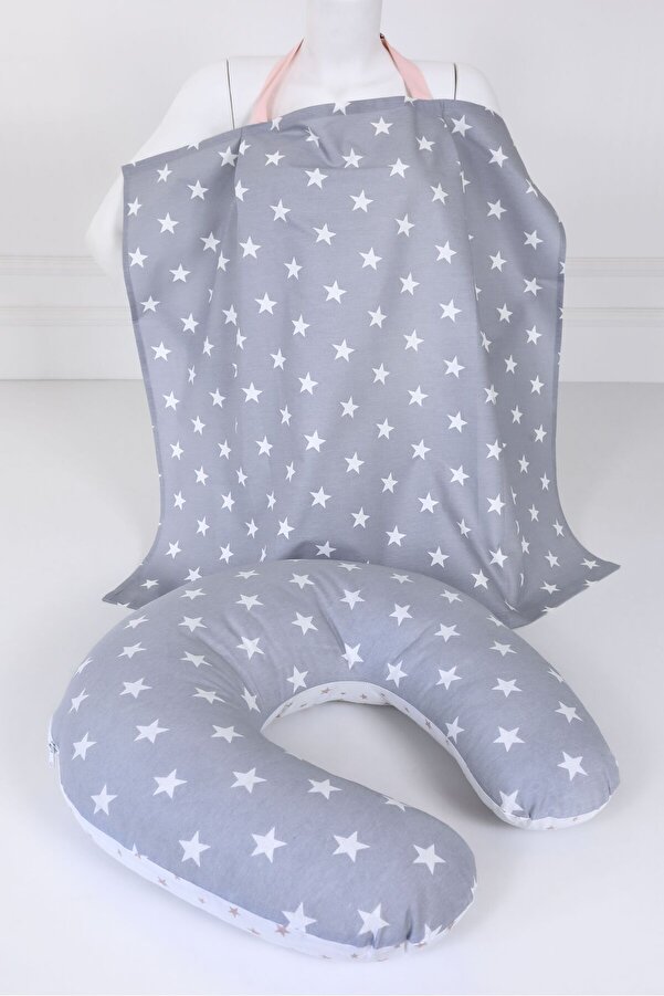 Umaybebek Emzirme Yastığı, Emzirme Önlüğü Set - Pamuklu Kumaş - Açık Gri Bebepembe