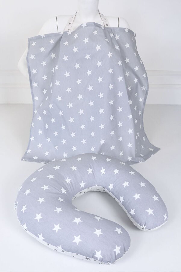 Umaybebek Emzirme Yastığı, Emzirme Önlüğü Set - Pamuklu Kumaş - Açık Gri Yıldız
