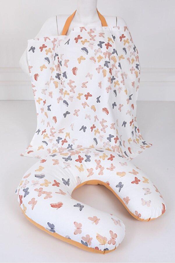 Umaybebek Emzirme Yastığı, Emzirme Önlüğü Set - Pamuklu Kumaş - Hardal Kelebek