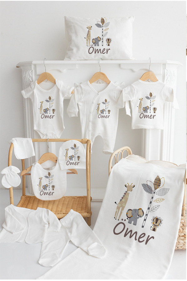 Bebe wini İsme Özel %100 Pamuk Baskılı 11'li Organik Bebek Hastane Çıkışı