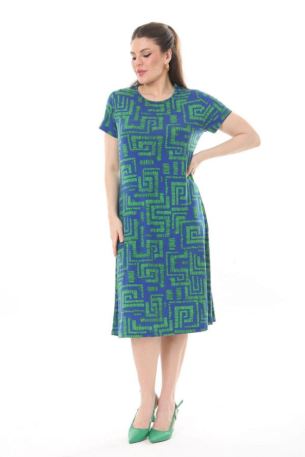 Mooi XXL-Rochie midi cu model labirint albastru verde pentru femei 1